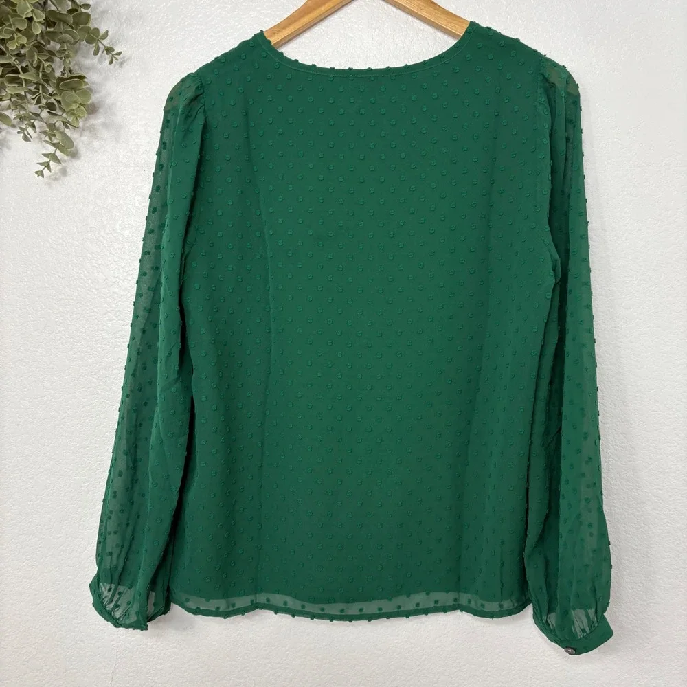 J. Crew Swiss Dot V Neck Long Sleeve Blouse Emerald Green Size S
